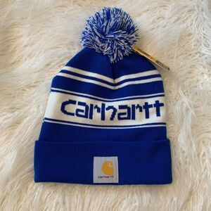NWT Carhartt Adult Unisex Blue White Logo Pom Knit Cap Winter Hat